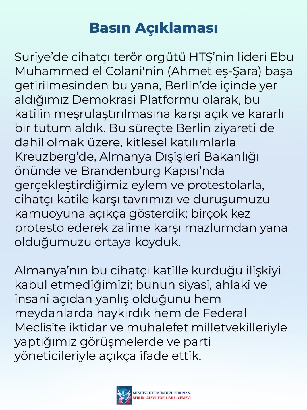 Berlin Alevi Toplumu – Cemevi: Suriye’deki Soykirima Sessiz Kalmadik, Kalmayacagız